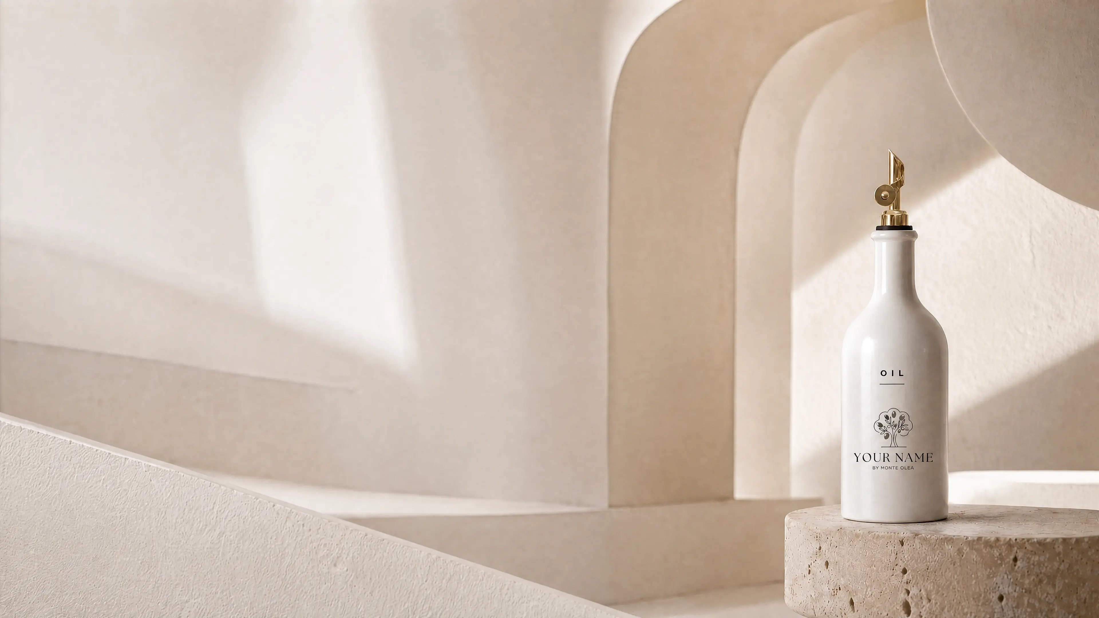 Personalized Monte Olea ceramic olive oil bottle in a sunlit stone interior