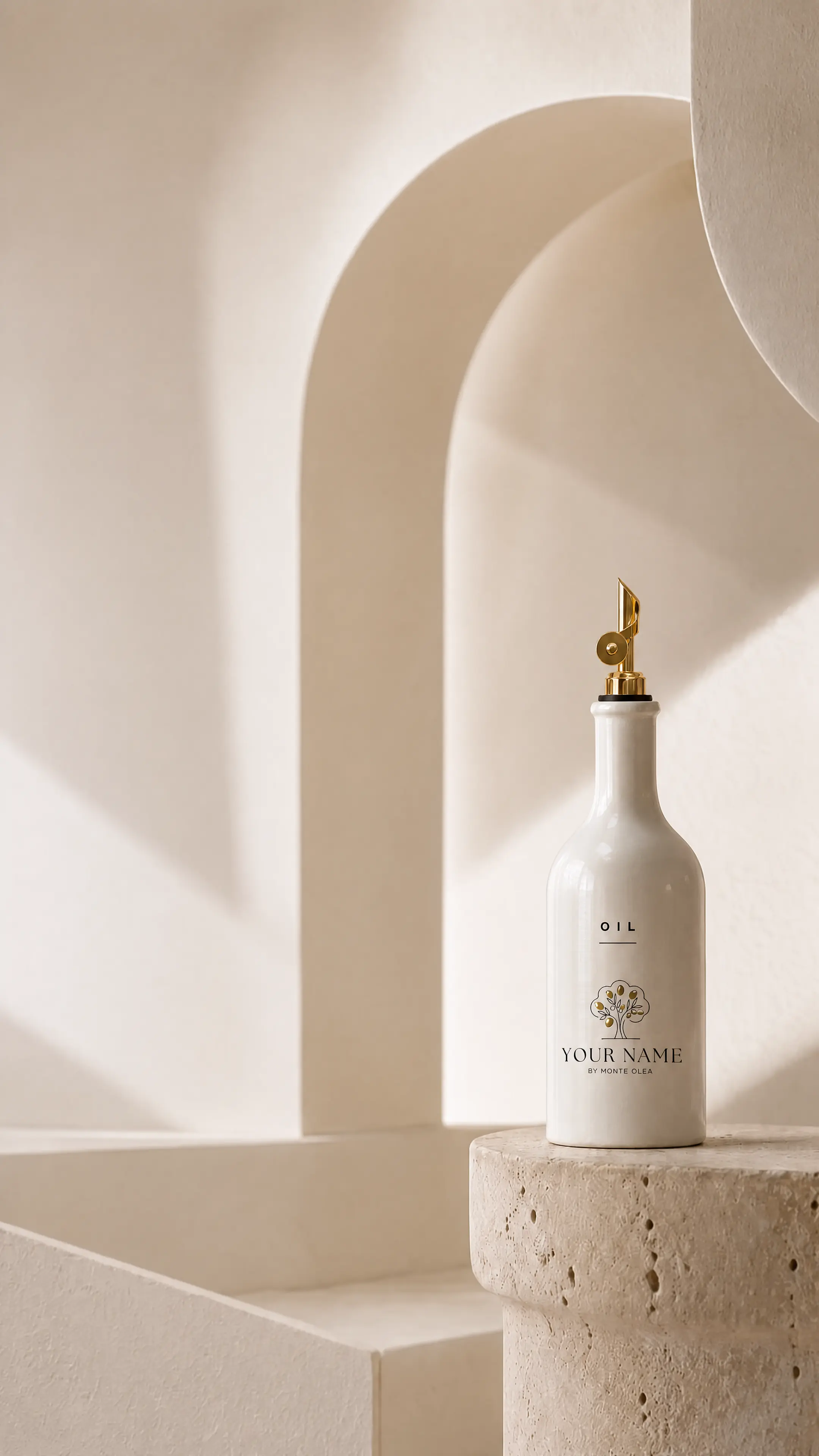 Personalized Monte Olea ceramic olive oil bottle in a sunlit stone interior