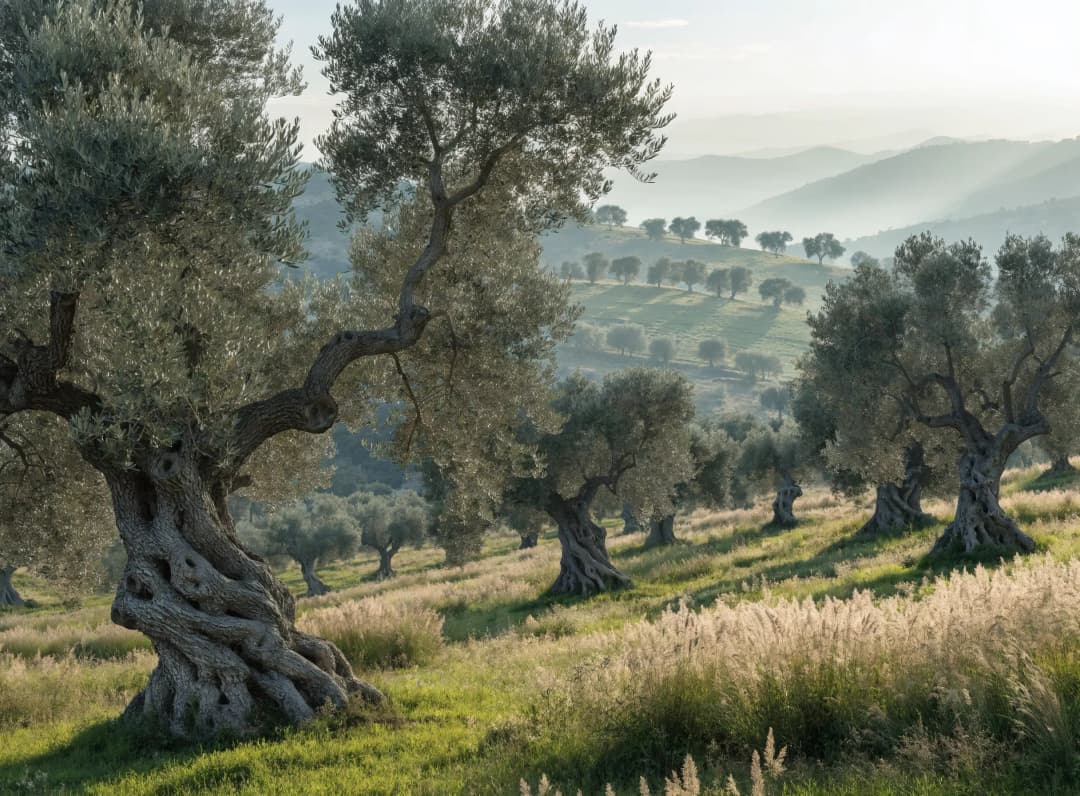 Adopted olive tree with a personalized name plaque at sunset