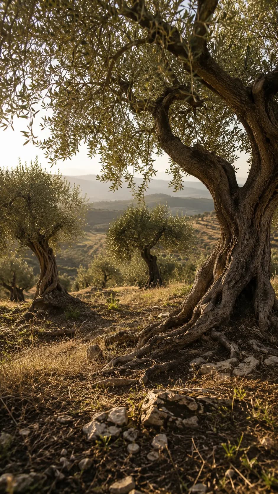 Ancient olive trees growing across a sunlit Italian hillside