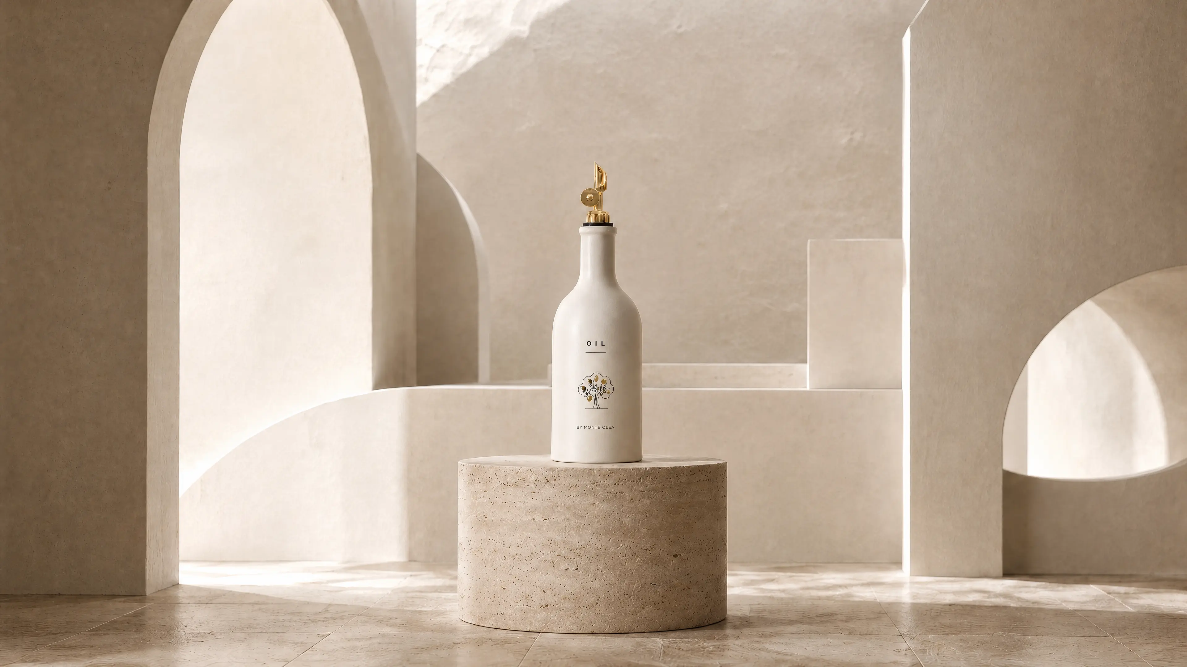 Personalized ceramic oil bottle in a warm stone interior