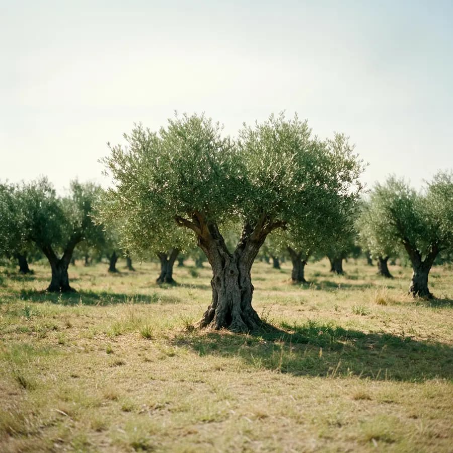 A single mature olive tree growing in a sunlit Italian grove