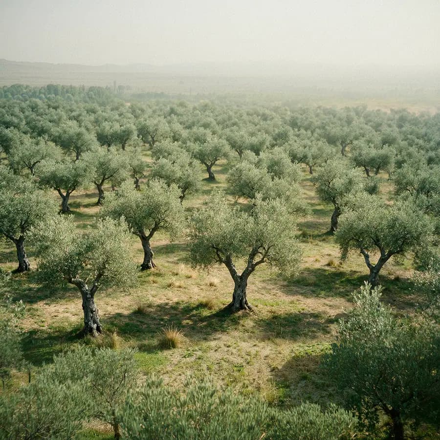 A wide view across a private orchard filled with mature olive trees